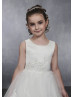 Pearl Neck Ivory Satin Tulle Lace Trim Tiered High Low Flower Girl Dress